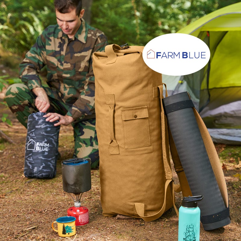 Farm Blue حقيبة دفل عسكرية زرقاء بحزامين سعة إضافية XL - حقيبة قماش قطنية ثقيلة الوزن من الدرجة العسكرية للرجال والنساء والطلاب - حقيبة معدات تكتيكية سعة XL - 22" x 38" تان كايوتي - Image 2